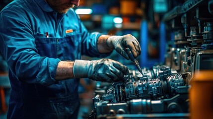 Poster - Mechanic meticulously repairs complex machinery in industrial setting