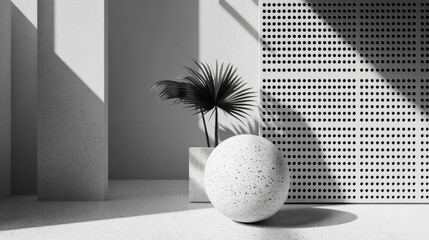 Poster - Minimalist monochrome interior scene with plant and sphere