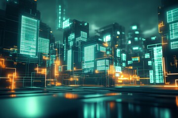 Aufkleber - Neon Cityscape with Futuristic Technology and Glowing Elements