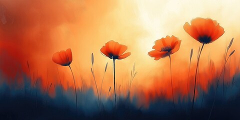Wall Mural - A stunning display of orange poppies silhouetted against a warm sunset, evoking feelings of tranquility and beauty in nature.