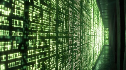 Poster - Glowing Green Digital Code Lines Corridor Wall