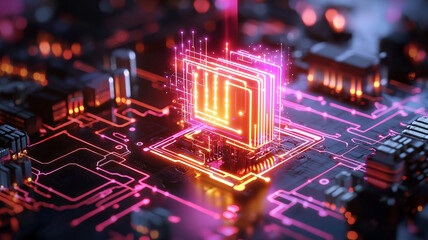 Poster - A close-up view of a computer processor on a circuit board illuminated with vibrant pink and orange lights, creating a futuristic atmosphere