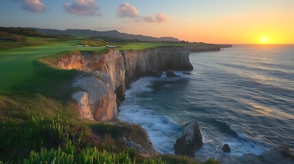 Wall Mural - Coastal golf course sunset, ocean cliff, sunrise, dramatic sky, travel brochure