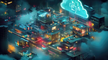 Aufkleber - Futuristic Cityscape Under a Cloud Computing Network