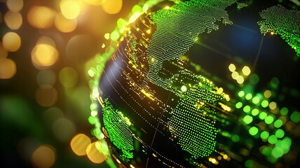 Poster - Vibrant digital globe illuminated with green light against a backdrop of shimmering golden bokeh, symbolizing global connectivity