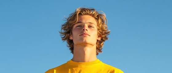 Wall Mural - young man with blonde hair looking up at the sky