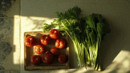 Poster - Sunlit Tomatoes Greens in Wooden Box