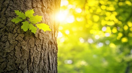 Aufkleber - Young oak leaves sprout on a tree trunk in sunlight