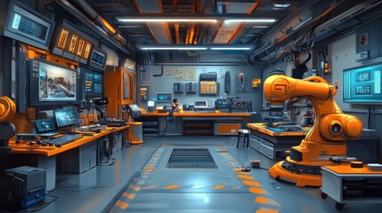 Poster - Futuristic Robotic Workshop Interior Design Scene