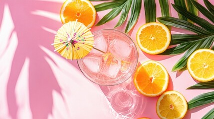 Poster - Refreshing Summer Citrus Cocktail With Ice And Tropical Leaves