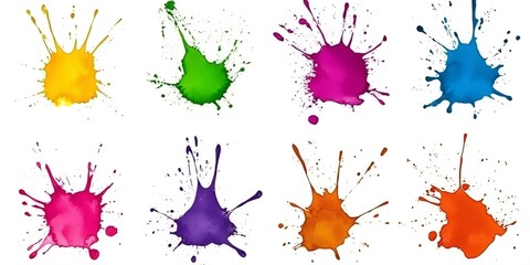 Poster - Watercolor splashes spreading across white background, showcasing vivid hues in dynamic artistic composition