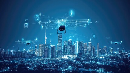 Poster - Drones Networked Over Illuminated Cityscape at Night