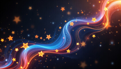 Wall Mural - A swirling pattern of blue and orange light against a dark background, with scattered yellow stars throughout the design. The flow of light creates a dynamic and whimsical effect, resembling a cosmic 