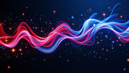 Wall Mural - Colorful flowing waves in shades of red and blue against a dark background , with scattered stars creating a cosmic effect 