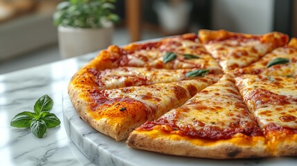 Wall Mural - Delicious cheese pizza topped with herbs on a marble surface ready to be served