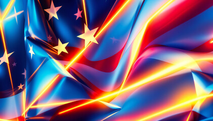 Wall Mural - A vibrant and abstract representation of flowing fabric featuring blue and red colors, interspersed with yellow stars. The design includes dynamic light streaks that enhance the sense of movement and