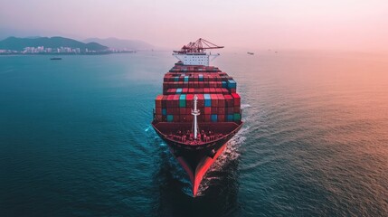 Poster - Container Ship Sailing Ocean Coastal Cityscape