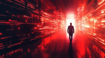 Fototapete - A Man Walks Through A Digital Red Data Corridor