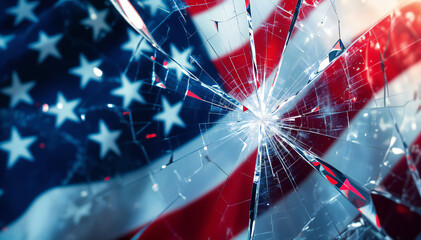 Wall Mural - A close-up view of a cracked glass surface with the American flag visible behind it. The flag features red and white stripes with blue and white stars, creating a stark contrast against the shattered 