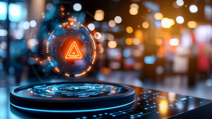 Poster - Futuristic display showcasing a glowing holographic warning symbol above a digital interface with vibrant bokeh background