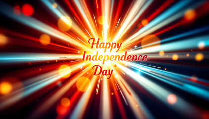 Wall Mural - Bright, radiating beams of light in red, white, and blue colors, with circular bokeh effects. The text 
