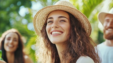 A woman with a straw hat is smiling and surrounded by two other people, one of whom is also smiling.