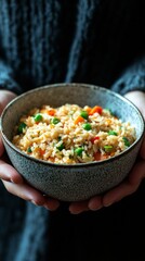 Wall Mural - Colorful vegetarian bowl featuring rice, fresh vegetables, and herbs in a lush environment