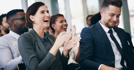 Poster - Woman, applause and happy in audience, conference and celebration for company goals with cheers. Business people, men and crowd with diversity, success or excited for announcement at insurance agency