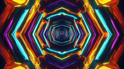 Poster - Vibrant Neon Hexagon Tunnel Abstract Artwork