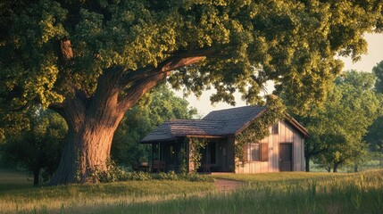 Poster - Rustic Cabin Nestled Beneath a Majestic Oak Tree