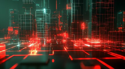 Poster - Futuristic Cityscape Digital Wireframe Red And Green