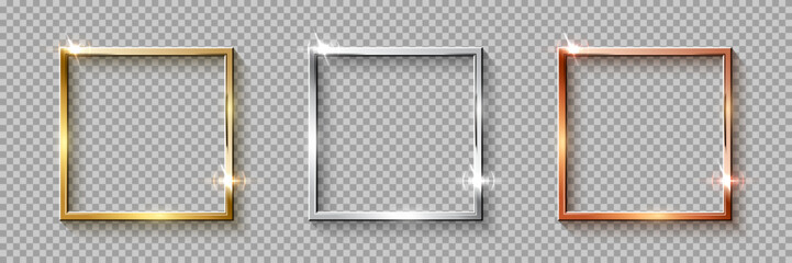 Poster - gold, silver and bronze square frames. metal thin photo or picture frames isolated on transparent ba