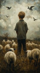 Wall Mural - Young boy watches over sheep in a rural field under a dramatic cloudy sky