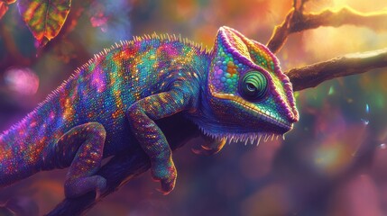 Poster - A Vibrant Rainbow Chameleon on a Branch