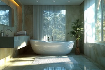 Wall Mural - Modern bathroom design featuring a sleek freestanding tub and natural light