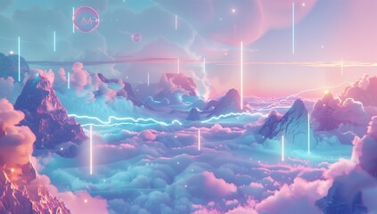 Poster - 3D rendering, sci-fi cartoon style, white clouds in the sky, mountains on both sides of glowing neon light bars floating above a sea of flowers.