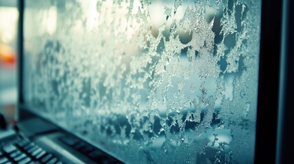 Poster - Frosty Window Patterns A Winter Scene On A Computer Screen