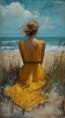 Poster - Bright yellow dress contrasts with ocean view and cloudy sky as woman gazes at horizon on sandy beach