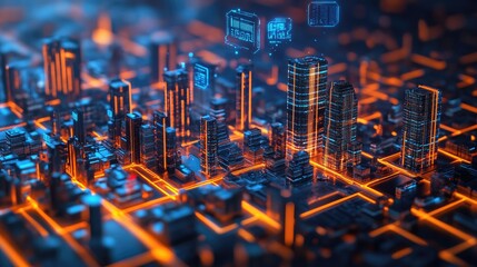 Poster - Futuristic Cityscape Illuminated With Neon Orange And Blue Lights