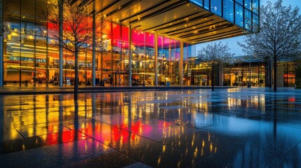 Aufkleber - Modern Building Reflects In Wet Plaza At Night