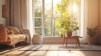 Poster - Bright, cozy living room with a large window letting in warm morning sunlight. Perfect for a relaxing background image.