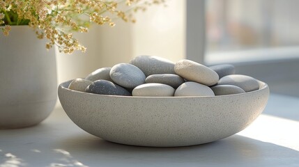 Wall Mural - Decorative bowl filled with smooth stones placed near a sunlit window with delicate flowers