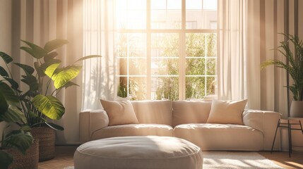Poster - Cozy living room with warm morning sunlight streaming through a large window, creating a soft, dreamy atmosphere. Neutral tones and bright accents set a serene and inviting ambiance.