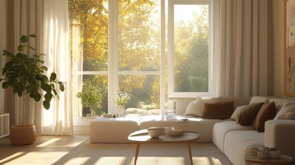 Poster - Cozy living room with warm morning sunlight streaming through a large window, creating a soft, dreamy atmosphere. Neutral tones and bright accents set a serene and inviting ambiance.