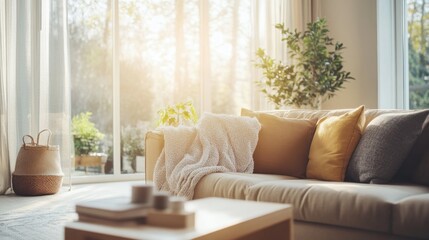 Poster - Cozy living room with warm morning sunlight streaming through a large window, creating a soft, dreamy atmosphere. Neutral tones and bright accents set a serene and inviting ambiance.