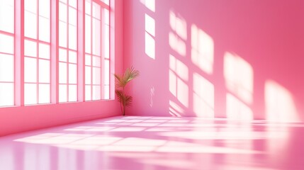 Poster - pink studio with soft lighting and shadows from windows. empty room with 3d design and blurred backg