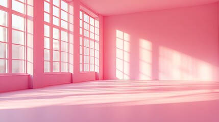 Poster - pink studio with soft lighting and shadows from windows. empty room with 3d design and blurred backg