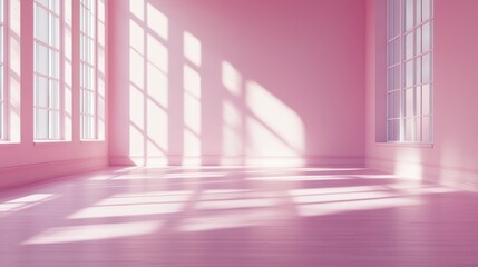 Poster - pink studio with soft lighting and shadows from windows. empty room with 3d design and blurred backg