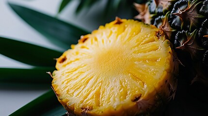 Wall Mural - Close Up of Sliced Juicy Yellow Pineapple on Green Leaves