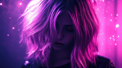 Poster - Woman with Pink Hair Illuminated by Neon Lights